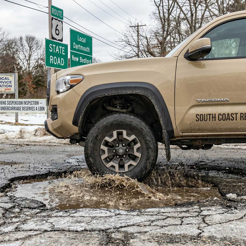Pickup truck hitting a deep pothole on a rough road